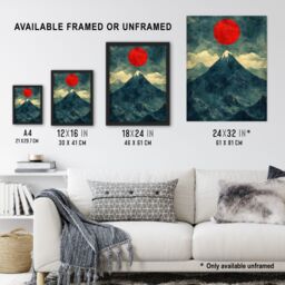 "Artery8 Japan Alps Red Sun Mountain Range Landscape Framed Art Print in Blue - Size: W12"" x H16""" - thumbnail 3