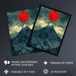 "Artery8 Japan Alps Red Sun Mountain Range Landscape Framed Art Print in Blue - Size: W12"" x H16""" - thumbnail 2