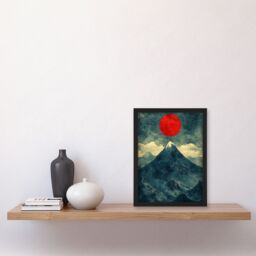 "Artery8 Japan Alps Red Sun Mountain Range Landscape Framed Art Print in Blue - Size: W12"" x H16""" - thumbnail 4
