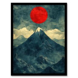 "Artery8 Japan Alps Red Sun Mountain Range Landscape Framed Art Print in Blue - Size: W12"" x H16""" - thumbnail 1