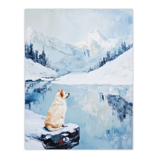 "Artery8 Husky In Snowy Mountain Lake Landscape Dog Lover Wall Art Print in Blue - Size: W18"" x H24""" - image 1