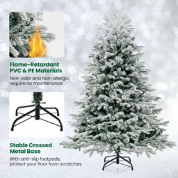 Gymax 146 CM Pre-Lit Flocked Christmas Tree 688 Tips & 200 LED Lights Xmas Decor Tree in Green - thumbnail 5
