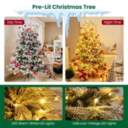 Gymax 146 CM Pre-Lit Flocked Christmas Tree 688 Tips & 200 LED Lights Xmas Decor Tree in Green - thumbnail 2