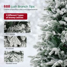 Gymax 146 CM Pre-Lit Flocked Christmas Tree 688 Tips & 200 LED Lights Xmas Decor Tree in Green - thumbnail 3