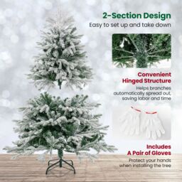 Gymax 146 CM Pre-Lit Flocked Christmas Tree 688 Tips & 200 LED Lights Xmas Decor Tree in Green - thumbnail 4