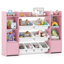 Costway 142 cm Large Toy Storage Organizer 4-Tier Kids Cubby Shelf in Pink - thumbnail 1