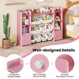 Costway 142 cm Large Toy Storage Organizer 4-Tier Kids Cubby Shelf in Pink - thumbnail 9