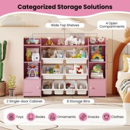 Costway 142 cm Large Toy Storage Organizer 4-Tier Kids Cubby Shelf in Pink - thumbnail 4