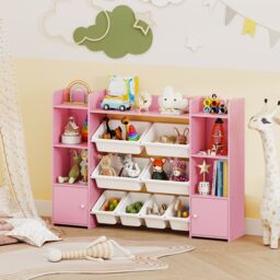 Costway 142 cm Large Toy Storage Organizer 4-Tier Kids Cubby Shelf in Pink - thumbnail 3