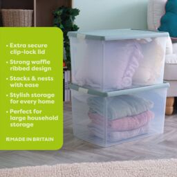 Wham Clip 3x 62L Rectangular Plastic Storage Boxes with Clip Lock Lids in Green - thumbnail 2
