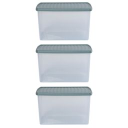 Wham Clip 3x 62L Rectangular Plastic Storage Boxes with Clip Lock Lids in Green