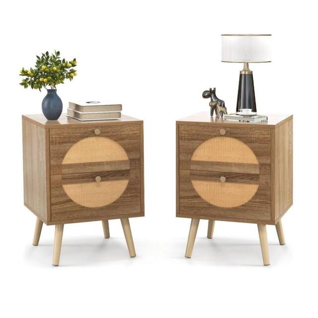 Kelvenix 2Pcs Rattan Nightstand Bohemian Style Side End Table in Brown - Size: 0.6m2 - image 1