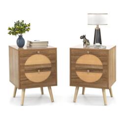 Kelvenix 2Pcs Rattan Nightstand Bohemian Style Side End Table in Brown - Size: 0.6m2 - thumbnail 1