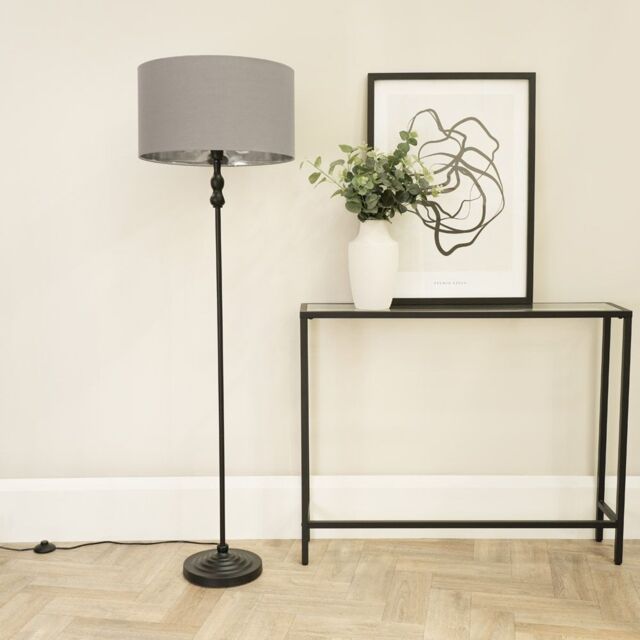 ValueLights Maggie Black Metal Candlestick Floor Lamp with Grey & Metallic Chrome Shade