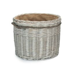 Red Hamper Large Wicker Grey Wash Round Hessian Lined Log Basket - thumbnail 1