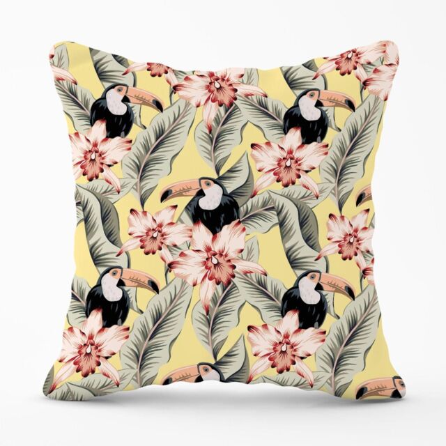 Warren Reed - Designer Toucans, Orchids & Palm Leaves Outdoor Cushion in Yellow - Size: 60 cm x 60 cm - image 1