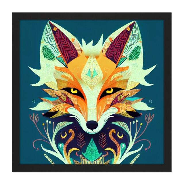 "Artery8 Wall Art Print Contemporary Folk Style Fox Abstract Face Portrait Orange Teal Square Framed Picture 16X16 Inch in Black - Size: W16"" x H16""" - image 1