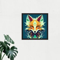 "Artery8 Wall Art Print Contemporary Folk Style Fox Abstract Face Portrait Orange Teal Square Framed Picture 16X16 Inch in Black - Size: W16"" x H16""" - thumbnail 2