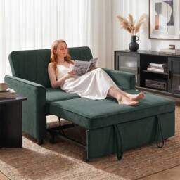 HOMCOM 2 Seater Sofa Bed, 3-in-1 Velvet Pull Out Sleeper Sofa, Dark Green - thumbnail 1