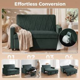 HOMCOM 2 Seater Sofa Bed, 3-in-1 Velvet Pull Out Sleeper Sofa, Dark Green - thumbnail 4