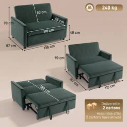 HOMCOM 2 Seater Sofa Bed, 3-in-1 Velvet Pull Out Sleeper Sofa, Dark Green - thumbnail 3