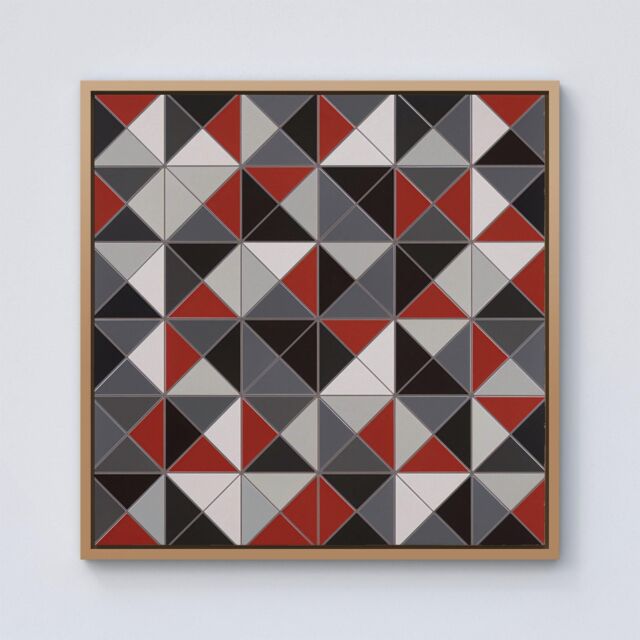 Warren Reed - Designer Grey Red Triangle Geometric Framed Canvas in Light Brown - Size: w40 inch x h40 inch - image 1