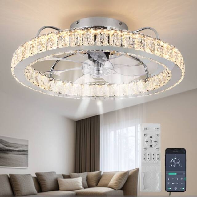 NIVOR 50cm Dimmable Crystal Ceiling Fan with LED Light & Remote/APP Chrome in Metallic Silver - image 1