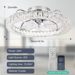 NIVOR 50cm Dimmable Crystal Ceiling Fan with LED Light & Remote/APP Chrome in Metallic Silver - thumbnail 2
