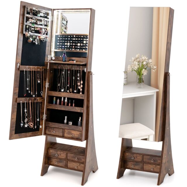 Gymax Freestanding Jewelry Mirror Cabinet Armoire Organizer With LED Lights in Brown - image 1