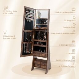 Gymax Freestanding Jewelry Mirror Cabinet Armoire Organizer With LED Lights in Brown - thumbnail 5