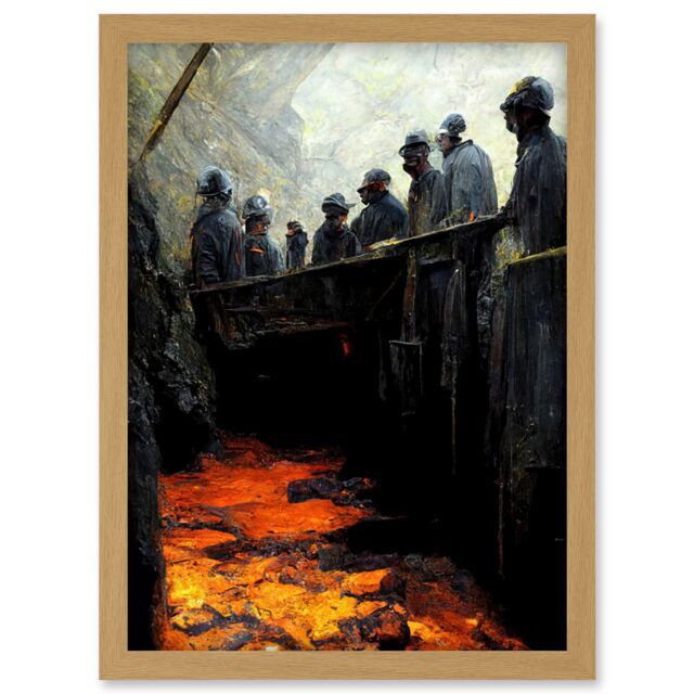 Artery8 Black Gold Coal Miners Pit Bank Artwork Framed Wall Art Print A4 in Light Oak - image 1