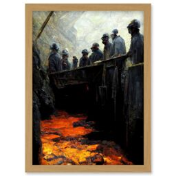 Artery8 Black Gold Coal Miners Pit Bank Artwork Framed Wall Art Print A4 in Light Oak - thumbnail 1
