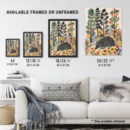 "Artery8 Hedgehog in Forest Folk Art Painting Wildflowers Wall Art Print - Size: W18"" x H24""" - thumbnail 3