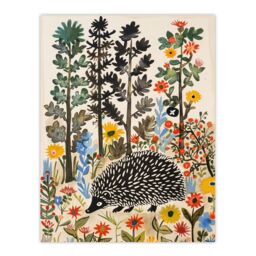 "Artery8 Hedgehog in Forest Folk Art Painting Wildflowers Wall Art Print - Size: W18"" x H24""" - thumbnail 1