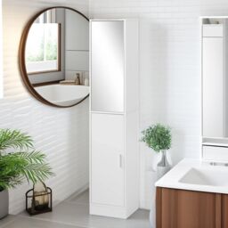 FURNOS Tall Bathroom Storage Cupboard With Mirror in White - thumbnail 2