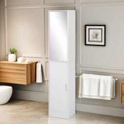 FURNOS Tall Bathroom Storage Cupboard With Mirror in White - thumbnail 4