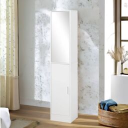 FURNOS Tall Bathroom Storage Cupboard With Mirror in White - thumbnail 1