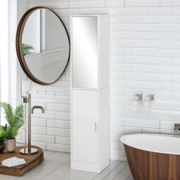 FURNOS Tall Bathroom Storage Cupboard With Mirror in White - thumbnail 3
