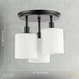 Happy Homewares Designer Semi Flush Ceiling Light with Fluted Opal Glass Shades in Black - thumbnail 7