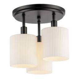 Happy Homewares Designer Semi Flush Ceiling Light with Fluted Opal Glass Shades in Black - thumbnail 3