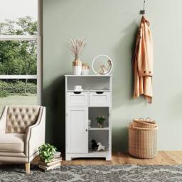 Costway Bathroom Floor Cabinet Wooden Kitchen Storage Cupboard w/ Adjustable Shelf & Doors in White - thumbnail 6