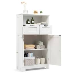 Costway Bathroom Floor Cabinet Wooden Kitchen Storage Cupboard w/ Adjustable Shelf & Doors in White - thumbnail 1