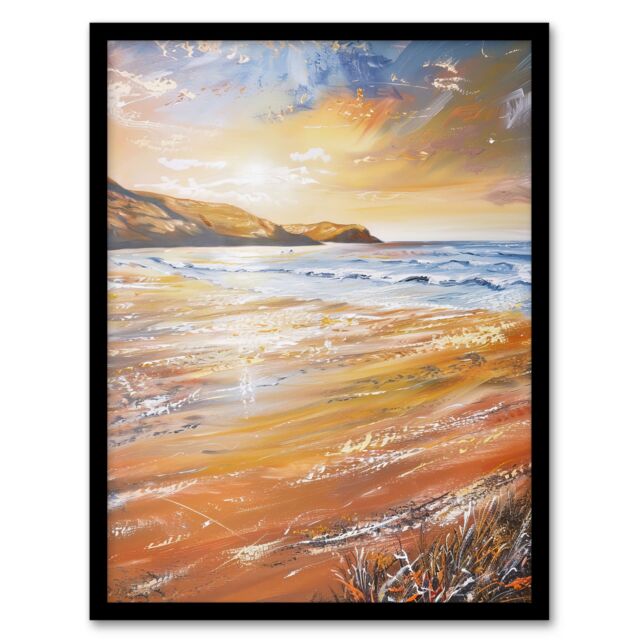"Artery8 Woolacombe Bay Seaside Sunset Coastal Landscape Framed Art Print in Orange - Size: W12"" x H16""" - image 1