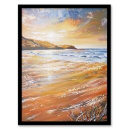 "Artery8 Woolacombe Bay Seaside Sunset Coastal Landscape Framed Art Print in Orange - Size: W12"" x H16""" - thumbnail 1
