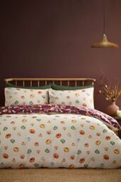 Catherine Lansfield 'Autumn Pumpkins' Reversible Duvet Cover Set in Plum - Size: Double - thumbnail 2
