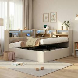 ModernLuxe Double L-shaped ottoman daybed with LED storage headboard in Beige - thumbnail 4