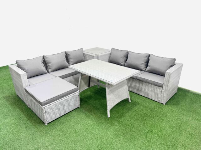 Fimous 7-seater Patio Rectangular Table 3 Seater Sofa Set with Side Table in Light Grey - image 1