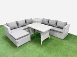 Fimous 7-seater Patio Rectangular Table 3 Seater Sofa Set with Side Table in Light Grey - thumbnail 2