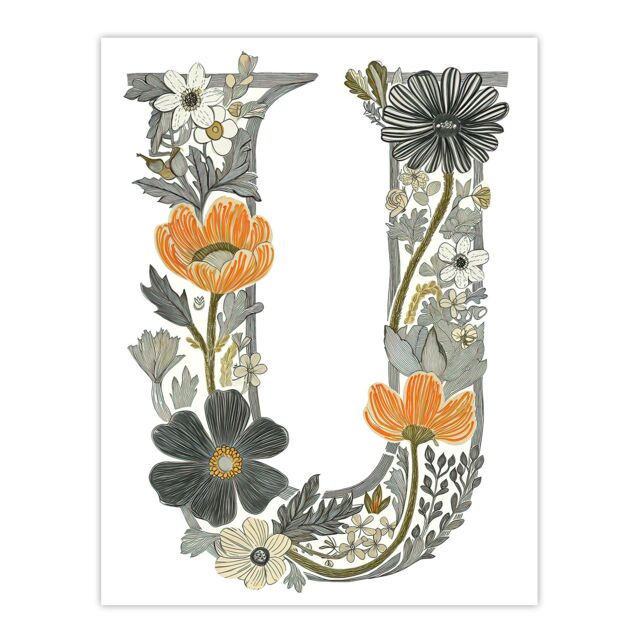 "Artery8 Women's Wall Art Print Letter U in Wildflowers Line Drawing Red Delicate Floral Word Art For Her Poster - Size: W12"" x H16""" - image 1