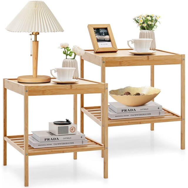 Costway 2PCS Bamboo Side Table End Table w/ Storage Shelf Modern Nightstand in Natural - image 1